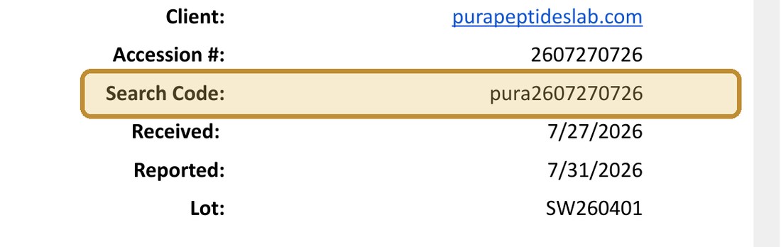 Certificado de análisis con el campo Search Code resaltado: pura2607270726